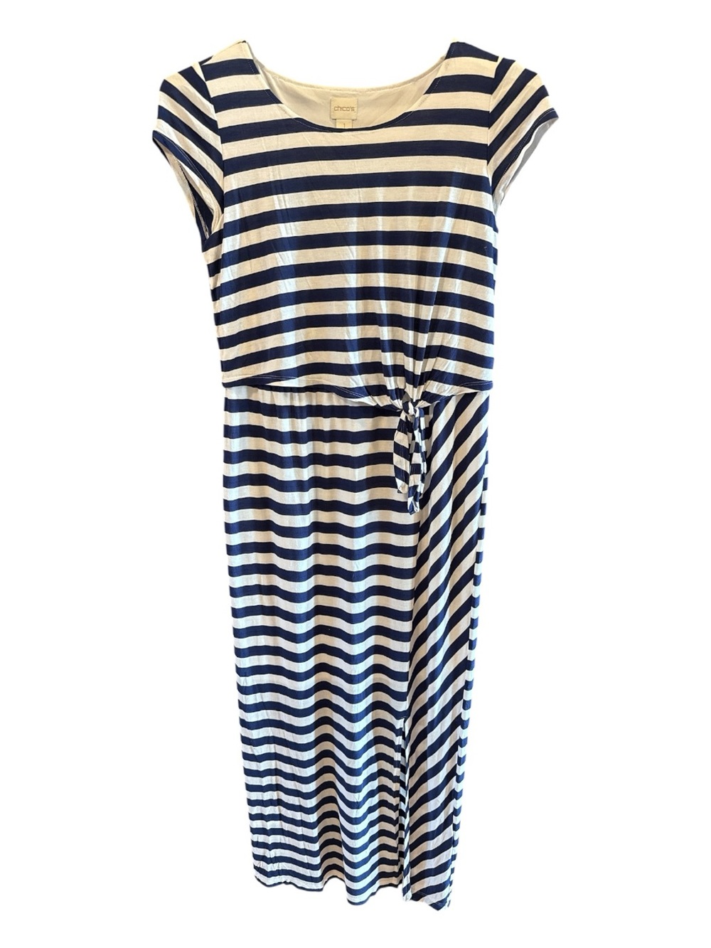 Chico's Navy and White Striped Maxi Dress with Tie Waist
